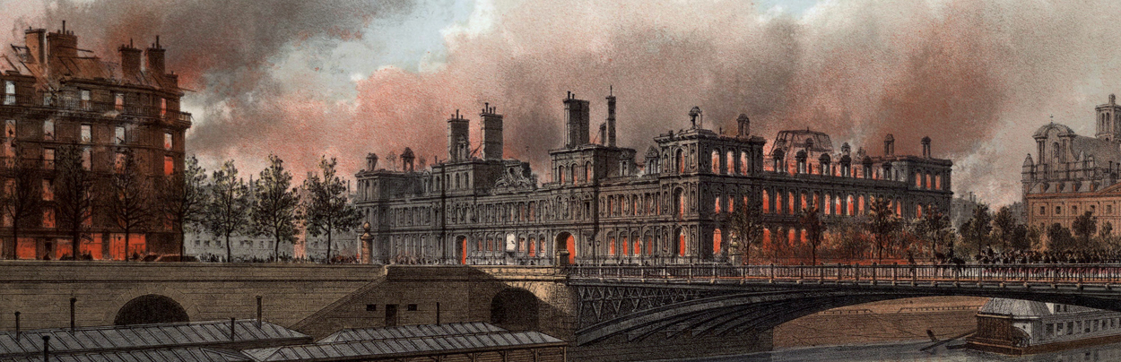Incendie de l'Hôtel de Ville lors de la Commune de Paris qui détruisit les archives et la bibliothèque